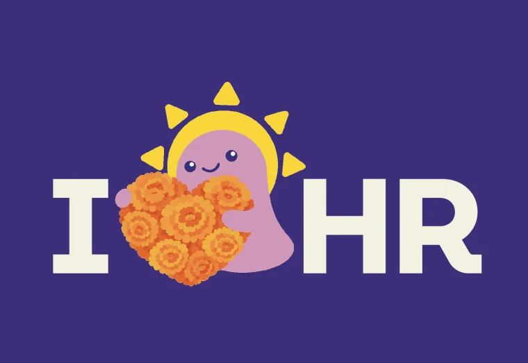 Postal I love HR con Sol abrazando un corazón de cempasúchil